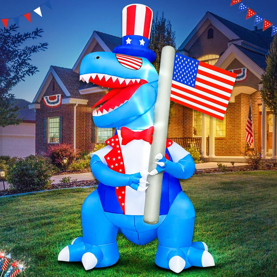 KOOY 6ft patriotic dinosaur inflatable for eye-catching Fourth of July lawn decor.