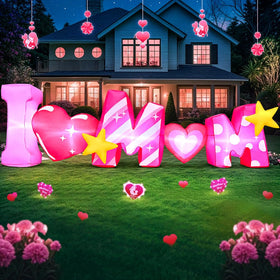 KOOY I Love Mom text inflatable adds warm festive vibes to outdoor spaces.