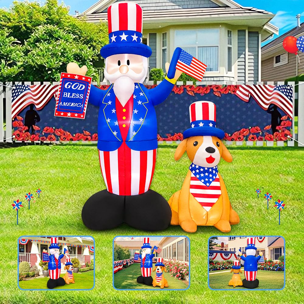 KOOY patriotic inflatable in outdoor yard with LED lights enhancing holiday ambiance.