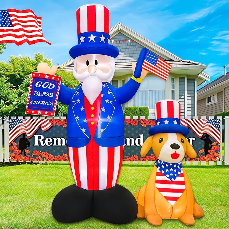KOOY 7ft Uncle Sam with dog inflatable glowing at night for outdoor Fourth of July celebration.