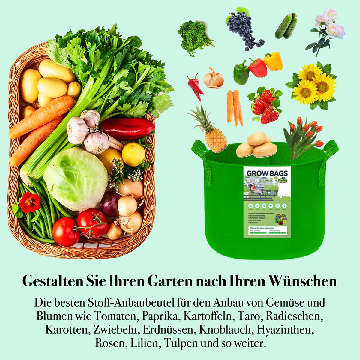 Kopotma multicolor grow bags featured with vegetables for vibrant growth.