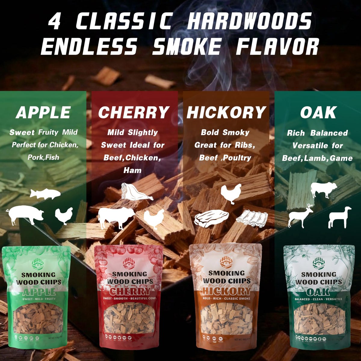 KORELION WOOD Oak chips for a smooth, balanced finish on vegetables and poultry.