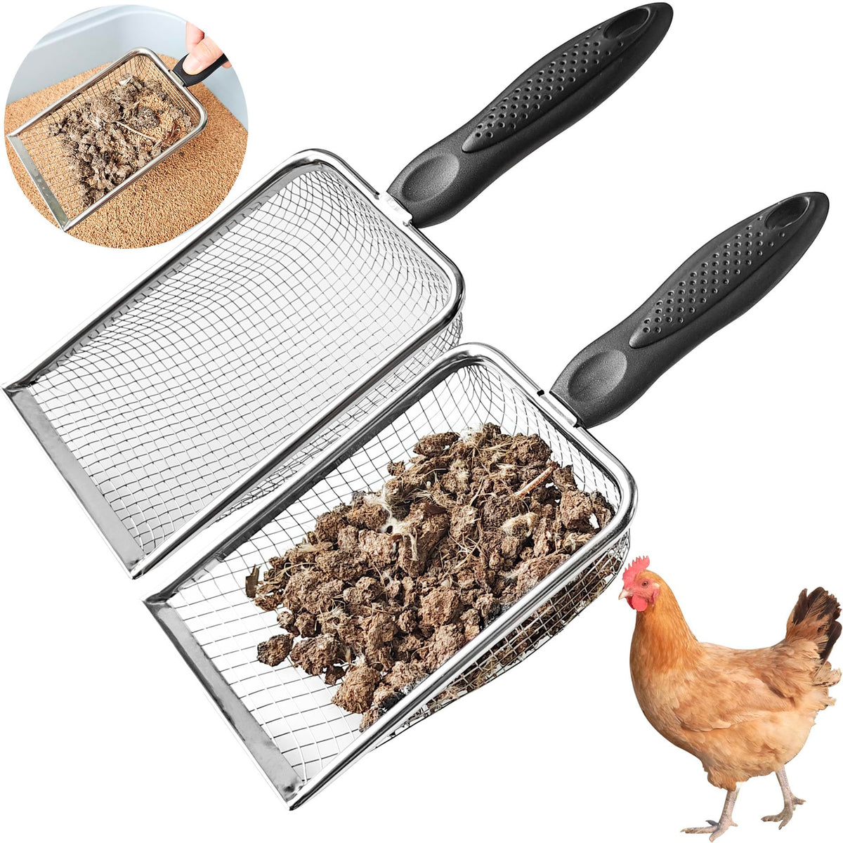 KOROI chicken poop scooper with 3.8mm mesh for quick litter separation and easy cleanup.