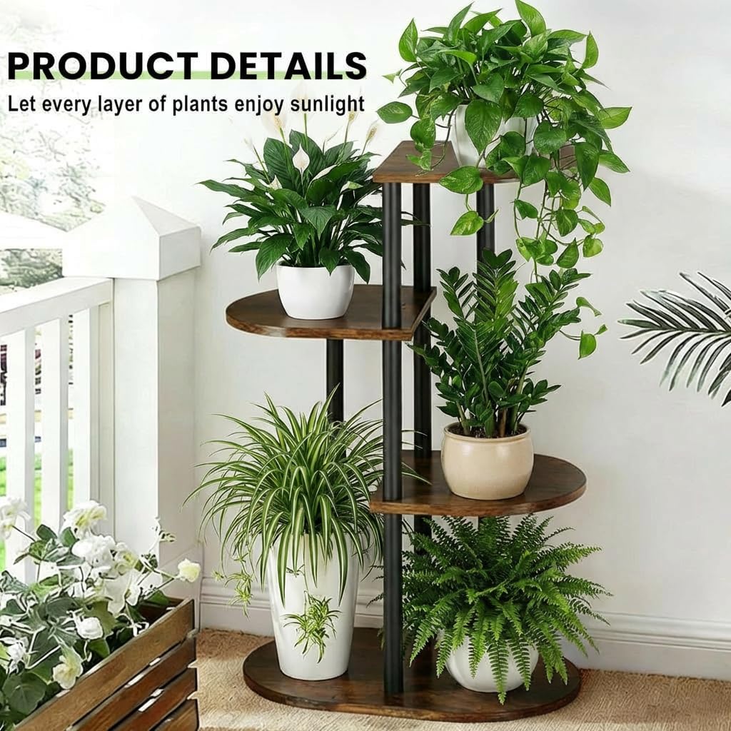 Korrie Home plant display with flowers and succulents on wood stand.