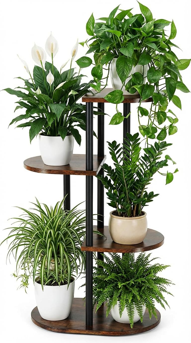 Korrie Home tiered plant stand front view, rustic brown, ideal for compact living spaces.