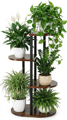 Korrie Home tiered plant stand front view, rustic brown, ideal for compact living spaces.