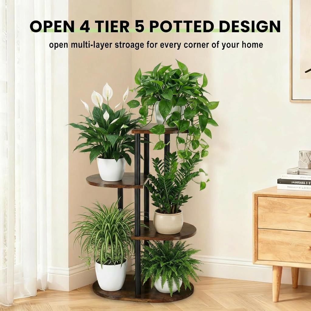 Korrie Home shelf detail shows evenly spaced levels for different pot sizes.