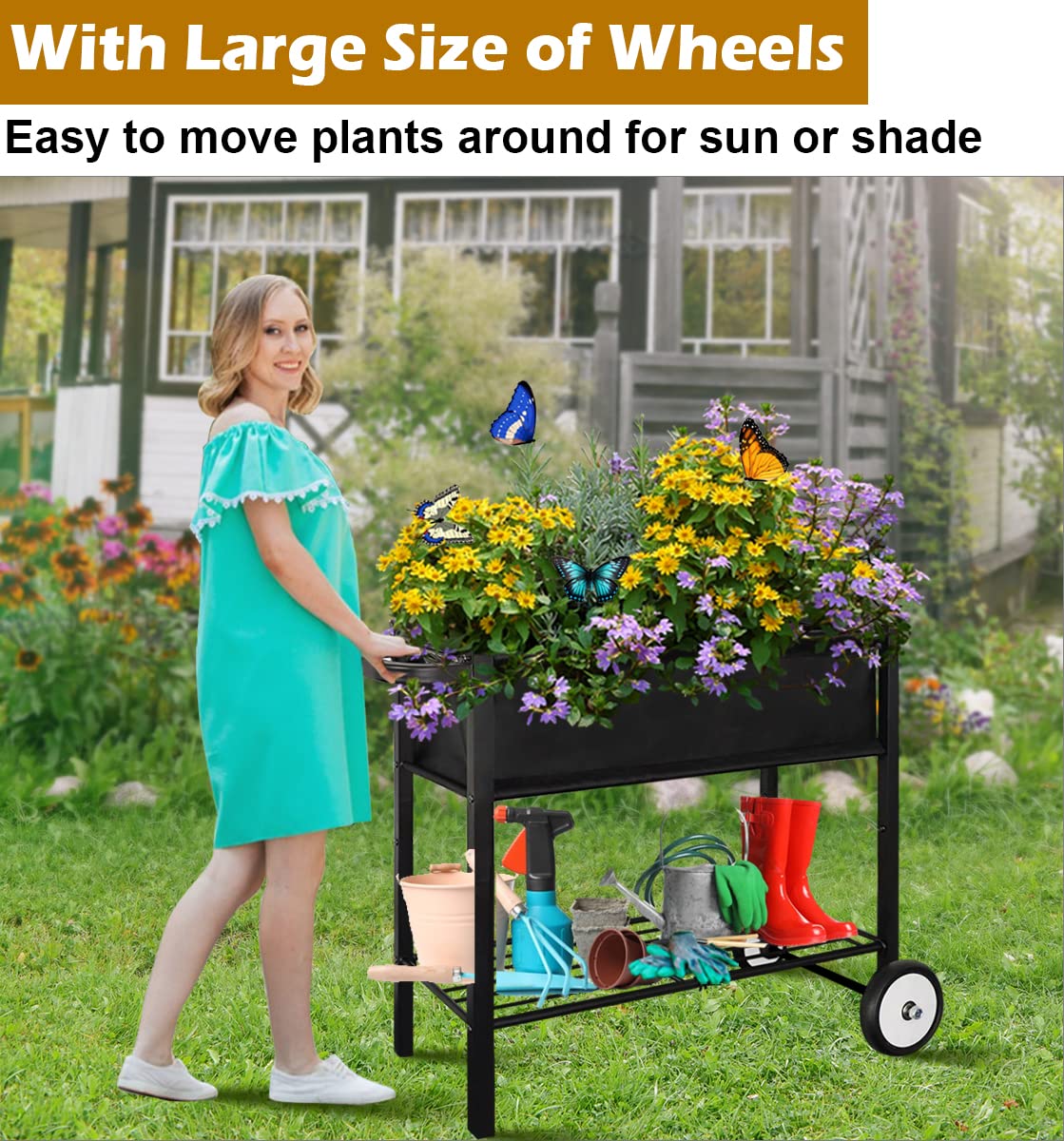 Koutemie planter bed on wheels allows effortless relocation for sun or shade