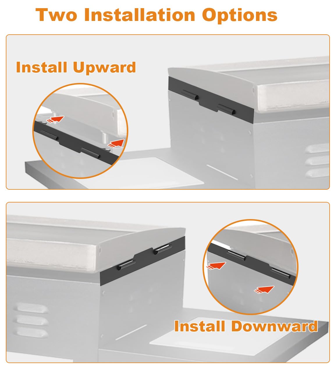 Koutemie wind guards align with rear grease cup for a tidy grill area.