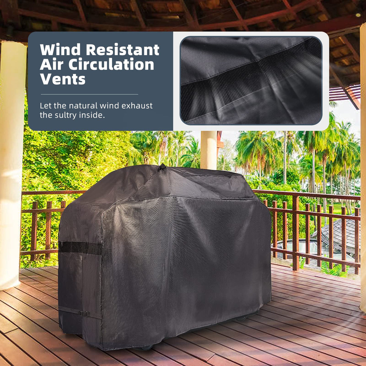 KPT BBQ Cover mesh vents and adjustable buckles ensure airflow and secure fit.