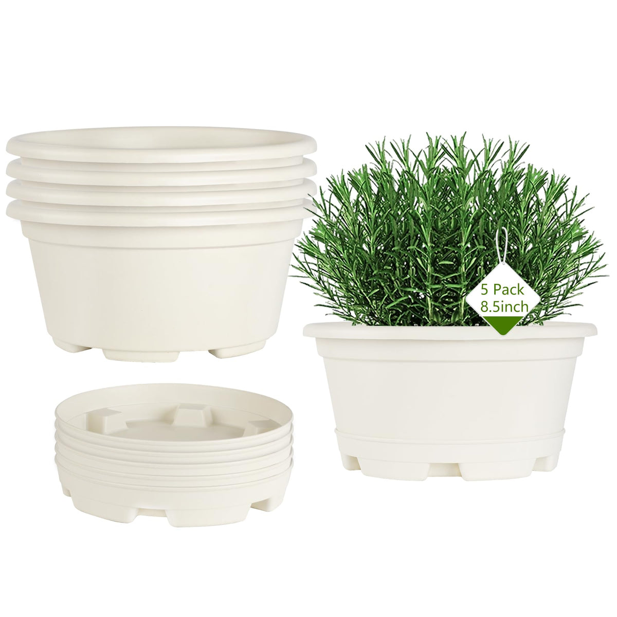 KPUVX 5-pack 8.5 inch outdoor plant pots with drainage holes and trays.