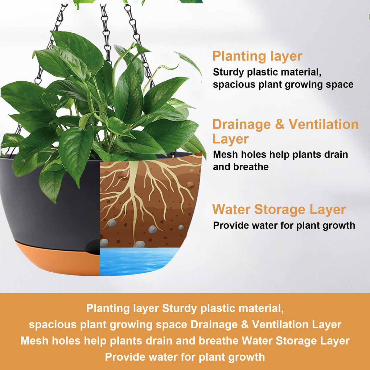 KPUVX self-watering hanging pot with removable saucer simplifies outdoor plant care