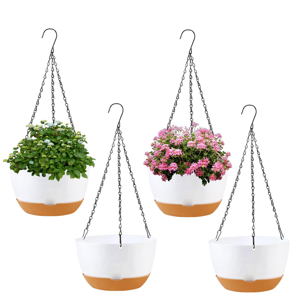 KPUVX 4-pack plastic hanging planters with 8-inch white pots for indoor greenery.