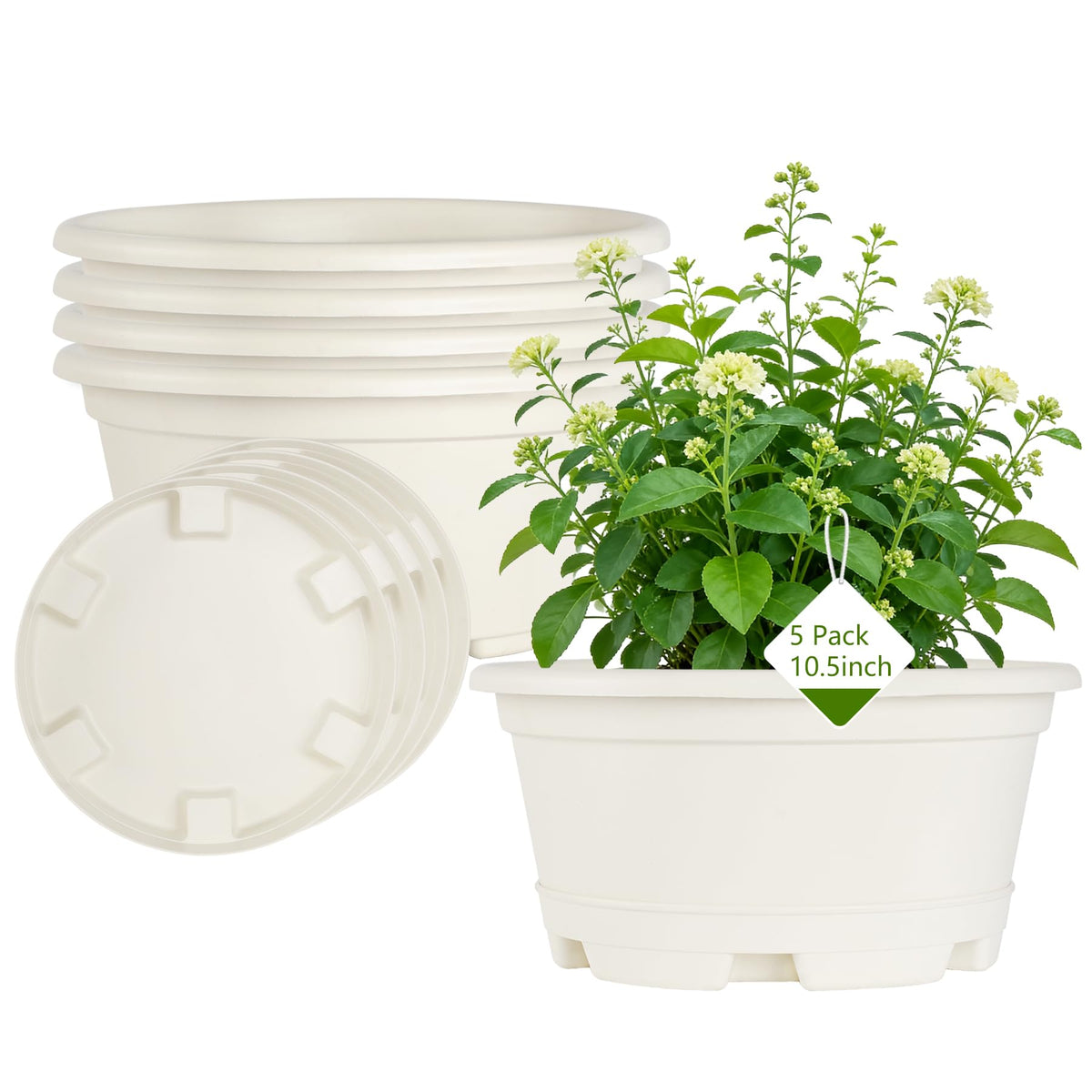 KPUVX 5-pack plant pots, front view, durable plastic for long-lasting indoor use.