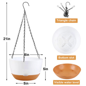 KPUVX hanging planter with drainage holes, 8-inch white pot, promotes healthy watering.