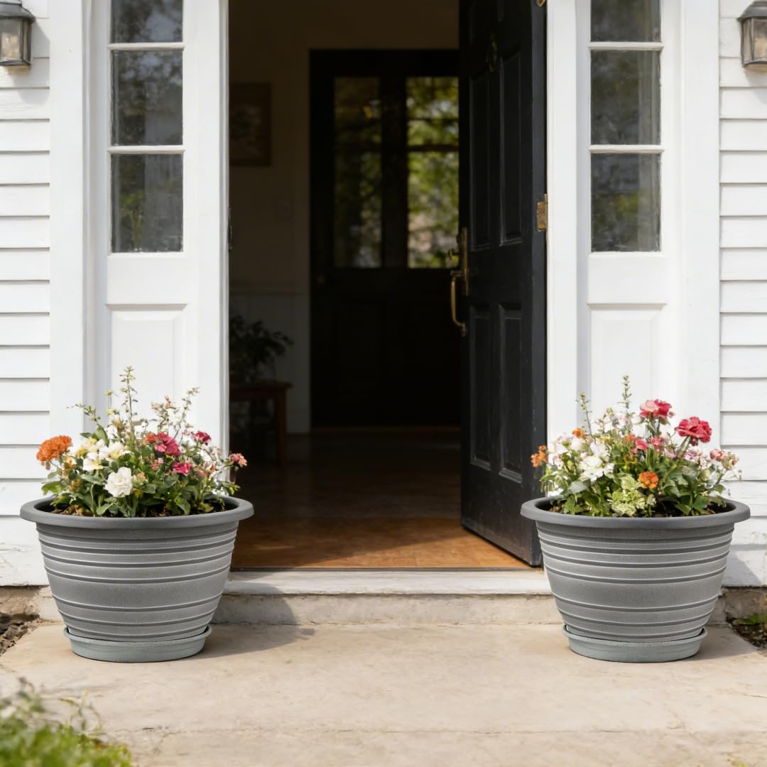KPUVX large 12-inch planter side view, durable plastic for year-round use.