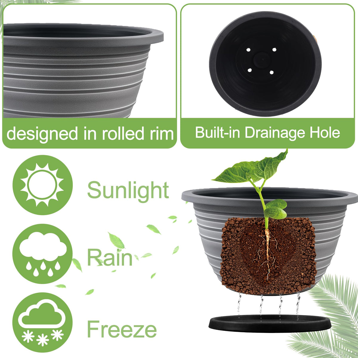 KPUVX large planter with saucer demonstrates drainage design for spill-free watering.