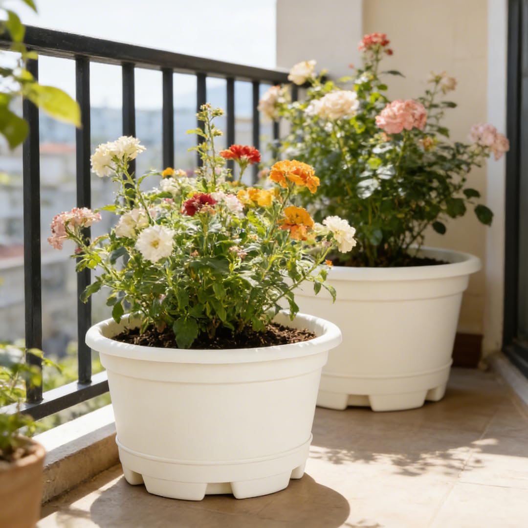 KPUVX planters with trays, side view, keeps excess water contained.