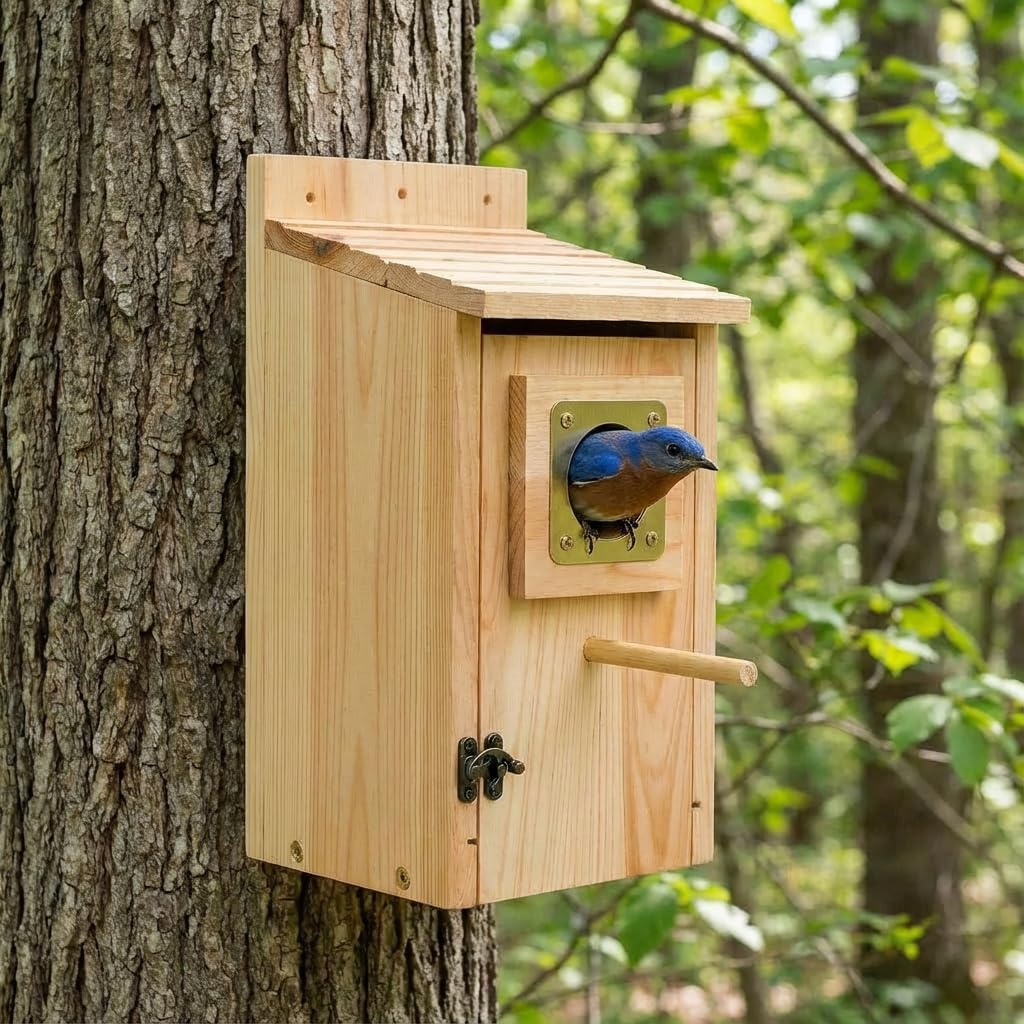 KraAra bird house showing front entry with copper predator guard for fledglings