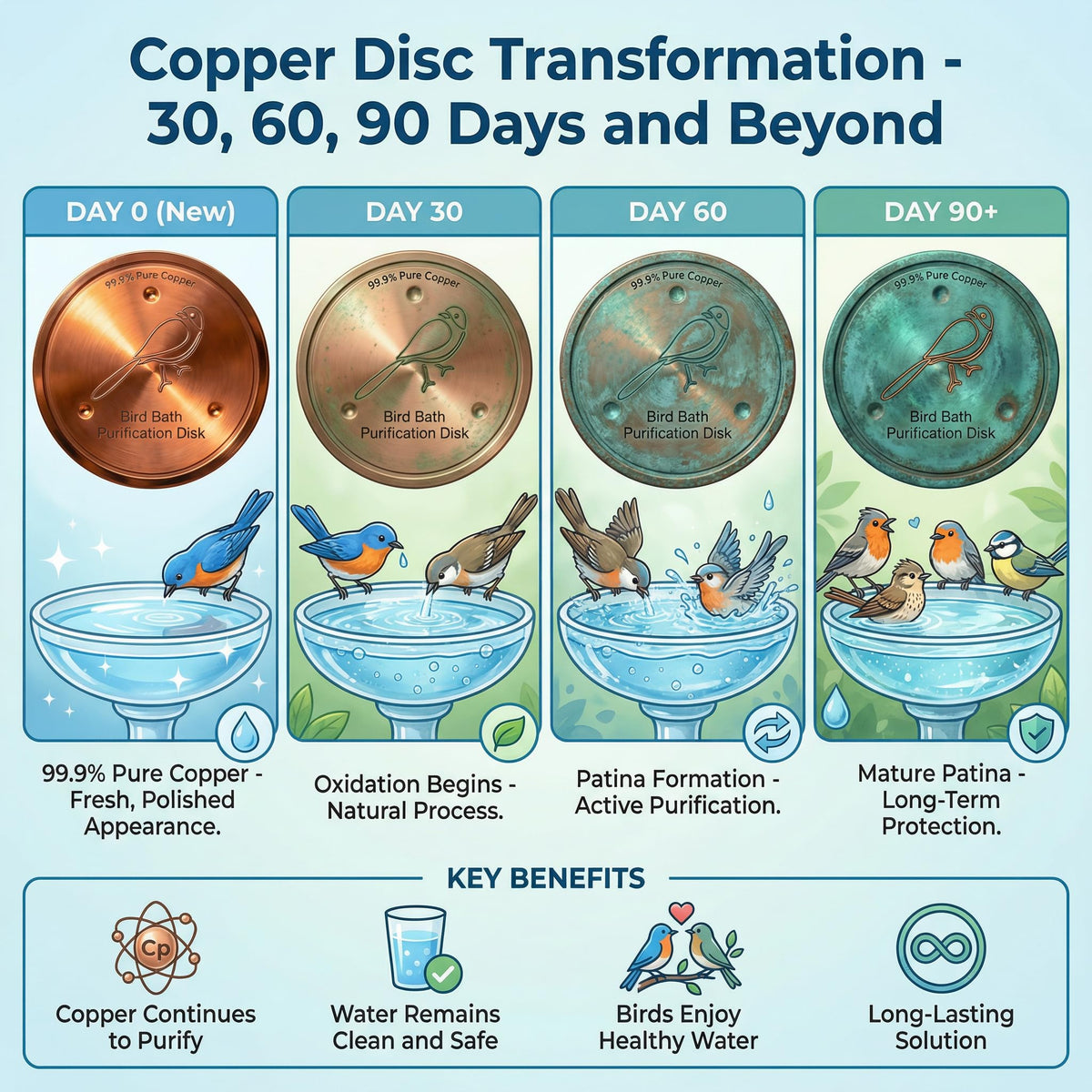 KraAra Pure Copper Bird Bath Disk helps maintain water clarity in warm weather.
