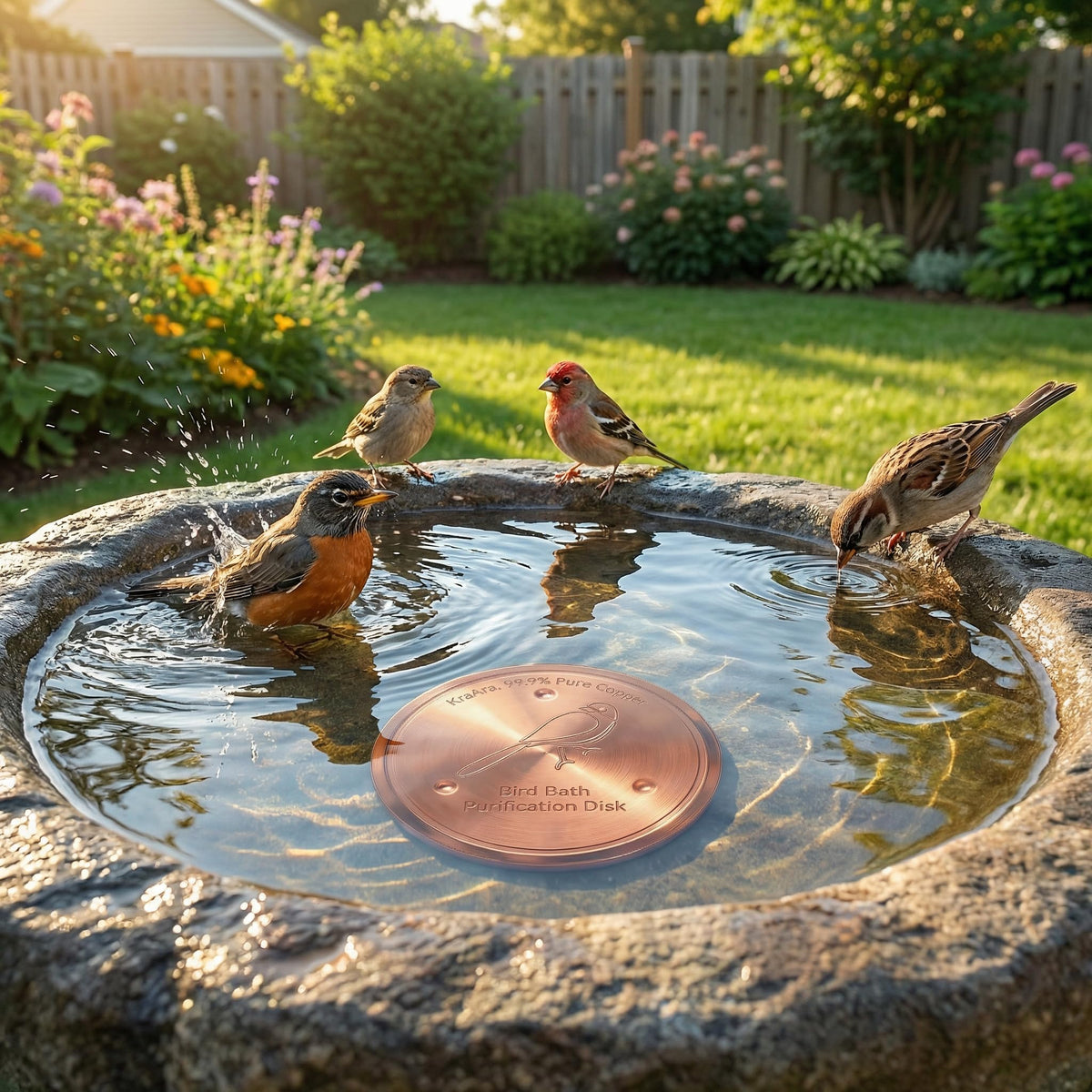 KraAra Pure Copper Bird Bath Disk ready for all-season use.