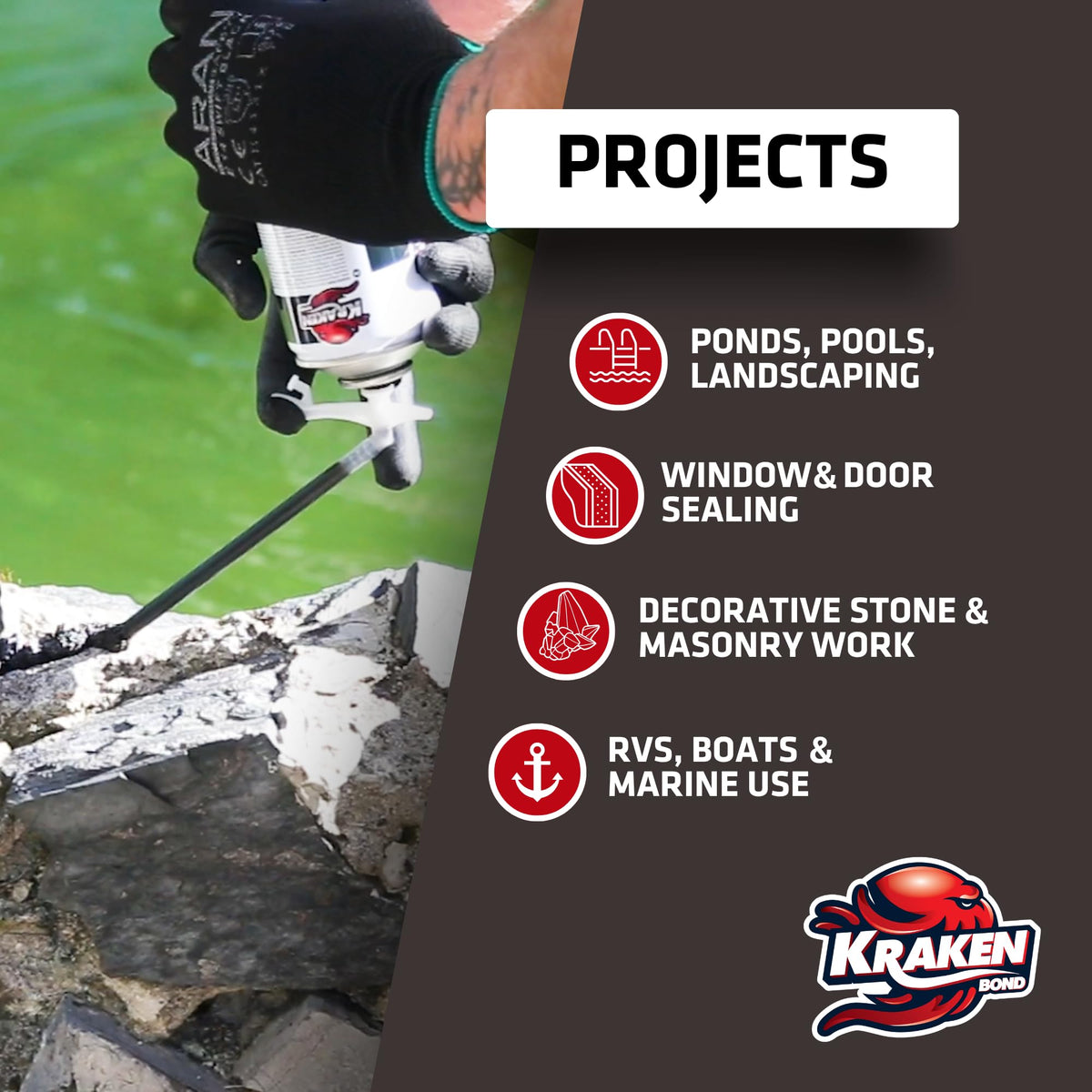 Kraken Bond Black Foam can application enables year‑round sealing in varied temps.