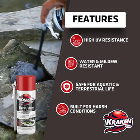 Kraken Bond Black Foam seals gaps with a durable, weather‑ready finish.