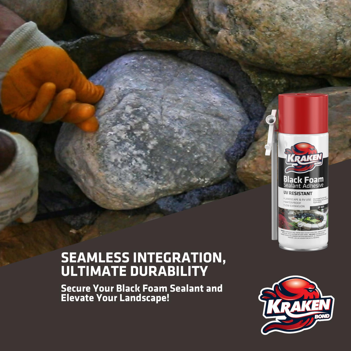 Kraken Bond Black Foam UV‑resistant outdoor seal maintains integrity under sun.