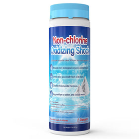 Kriooxluue 2lb chlorine-free hot tub shock pouring into spa water for simple maintenance.