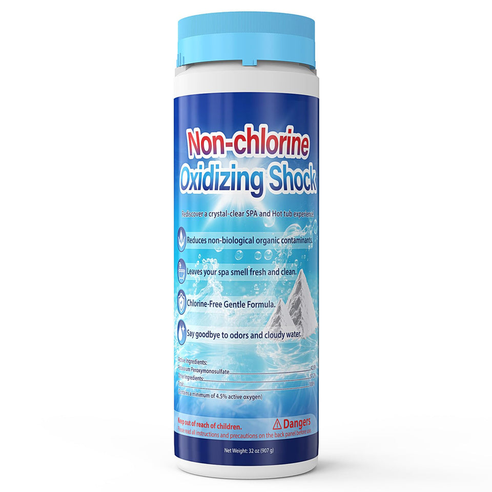 Kriooxluue 2lb chlorine-free hot tub shock pouring into spa water for simple maintenance.