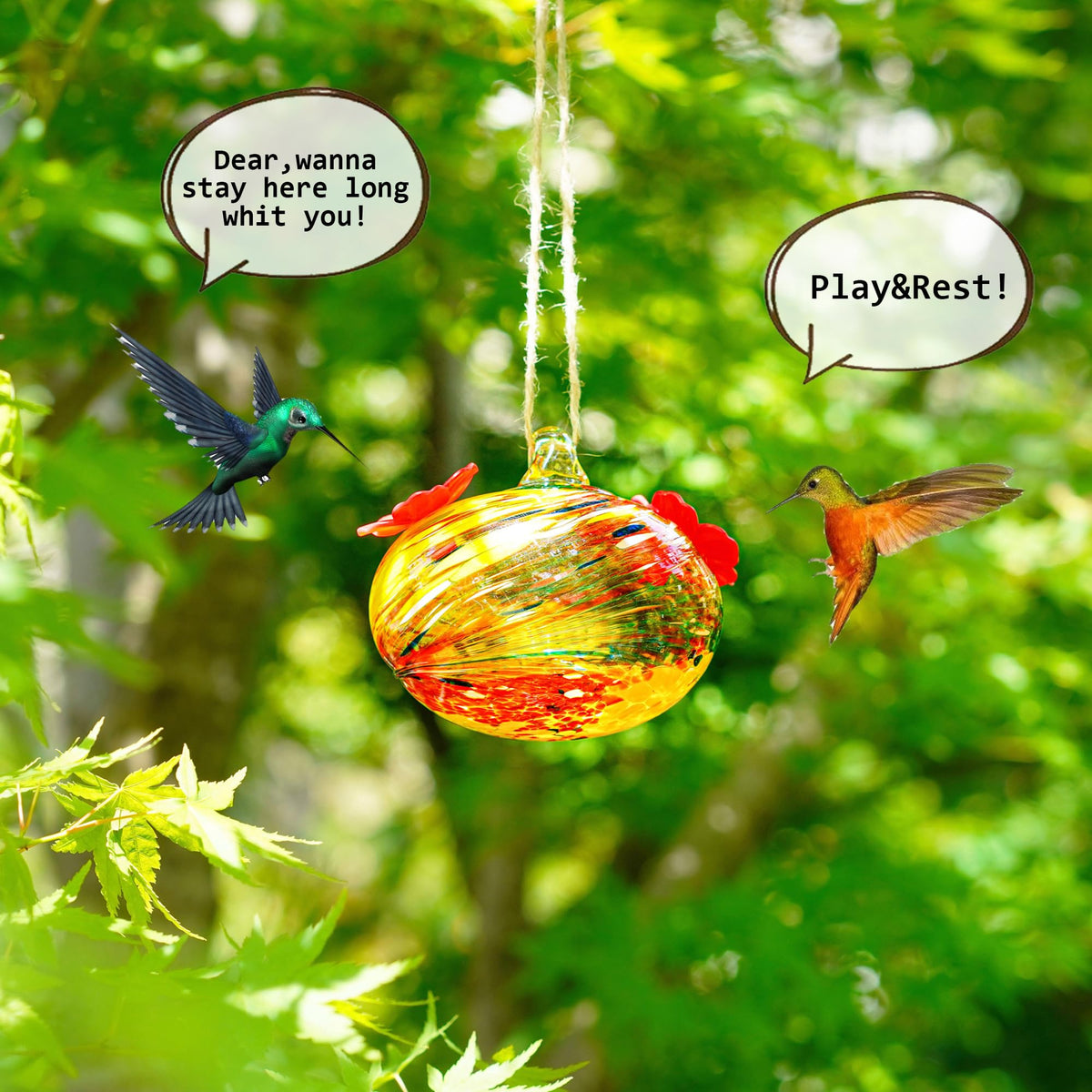 KRISININE glass ball hummingbird feeder shows a compact 3.3 oz capacity with ports.