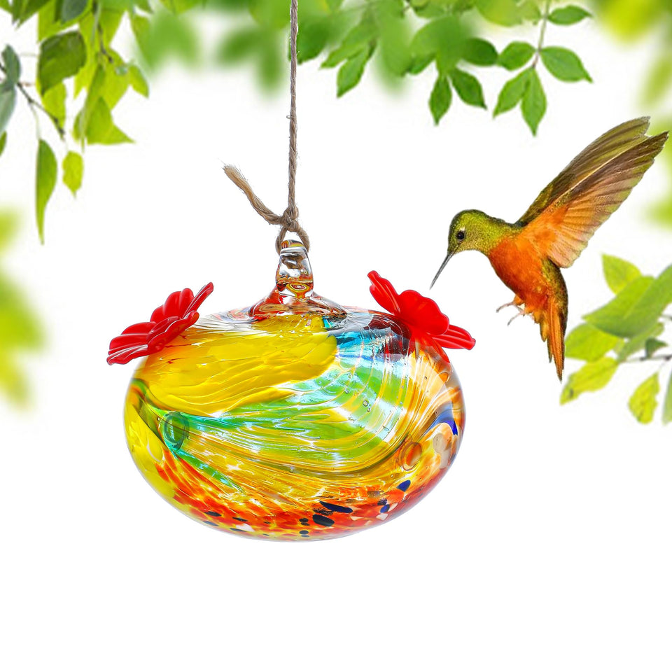 KRISININE hand-blown glass hummingbird feeder with 3 inch design attracts hummingbirds to your garden.