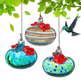 KRISININE hand-blown glass feeder closeup showcases color and craftsmanship for garden charm.