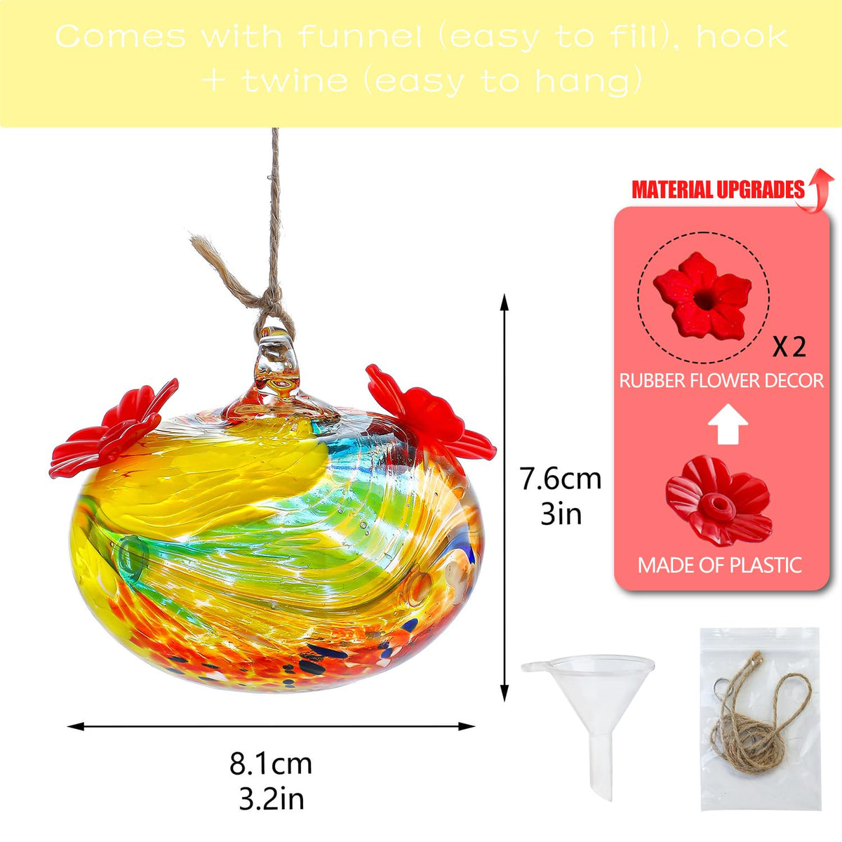 KRISININE hummingbird feeder features red flowers and two ports for active feeding.