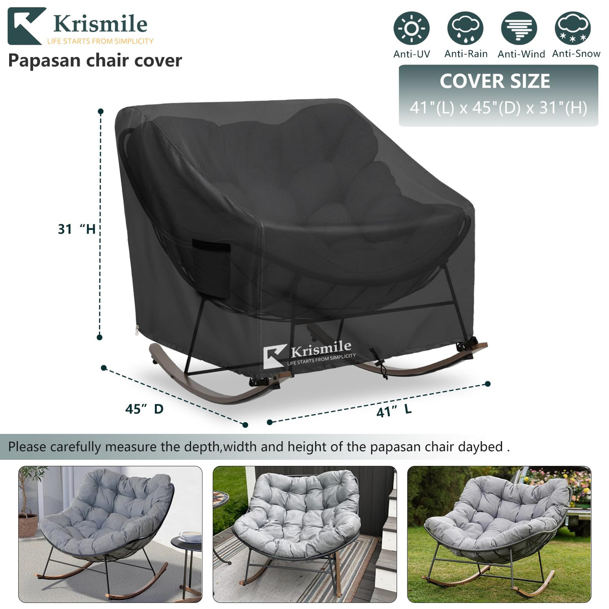 Krismile cover highlights waterproof coating protecting from rain and sun exposure.