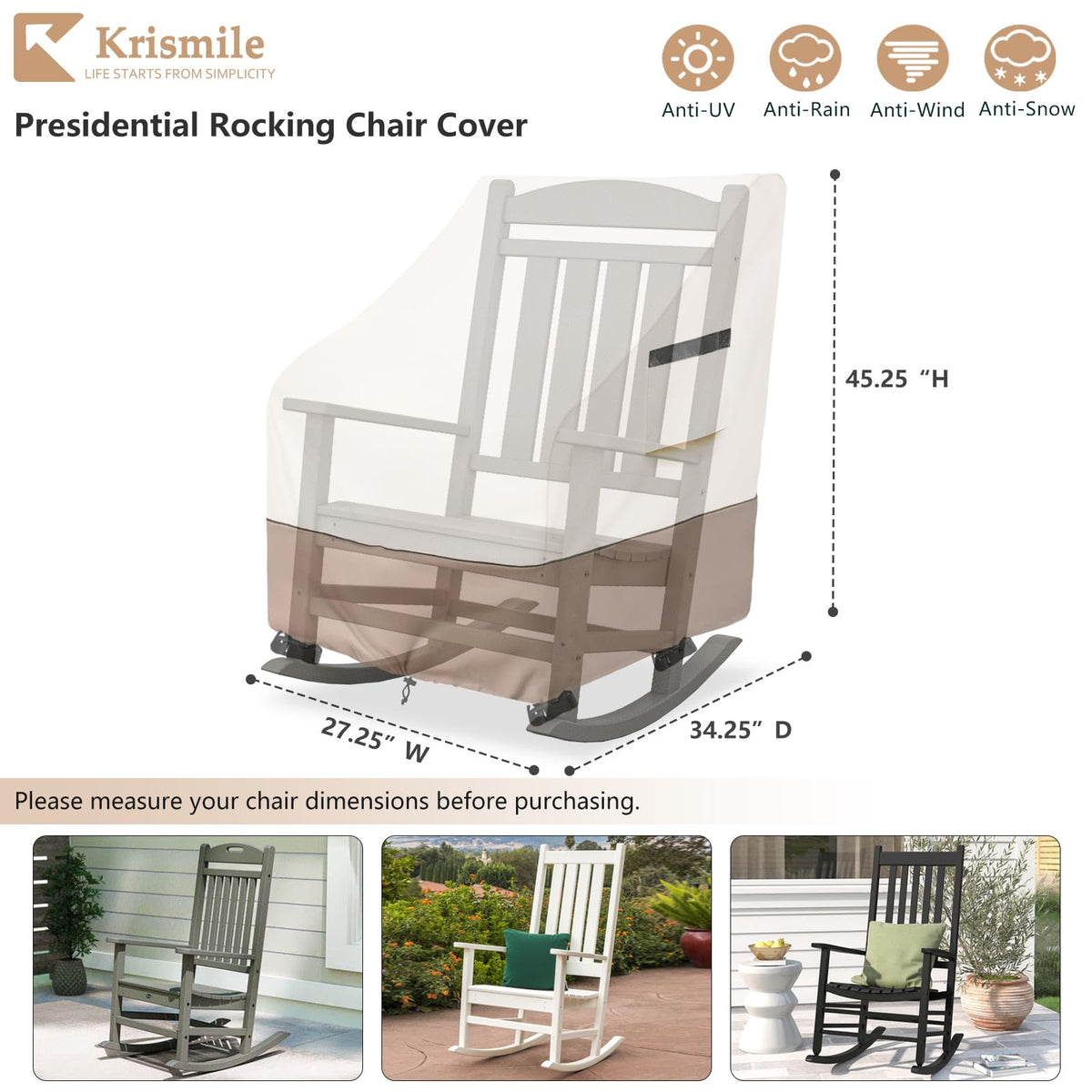Krismile presidential rocking chair cover protects against rain with durable fabric.