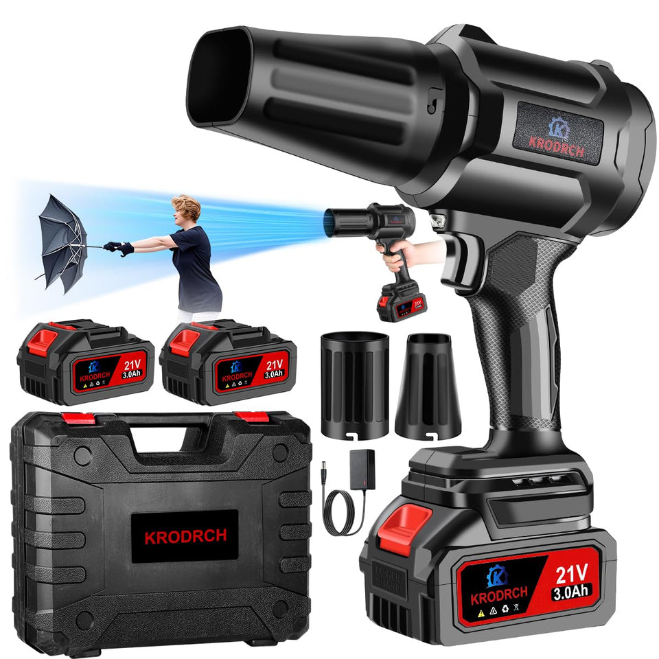 Krodrch leaf blower with two batteries and charger for extended outdoor power.