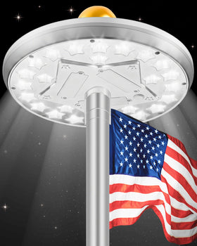 Kromart flag-pole light top-mount in silver on a pole, ready for year-round displays.