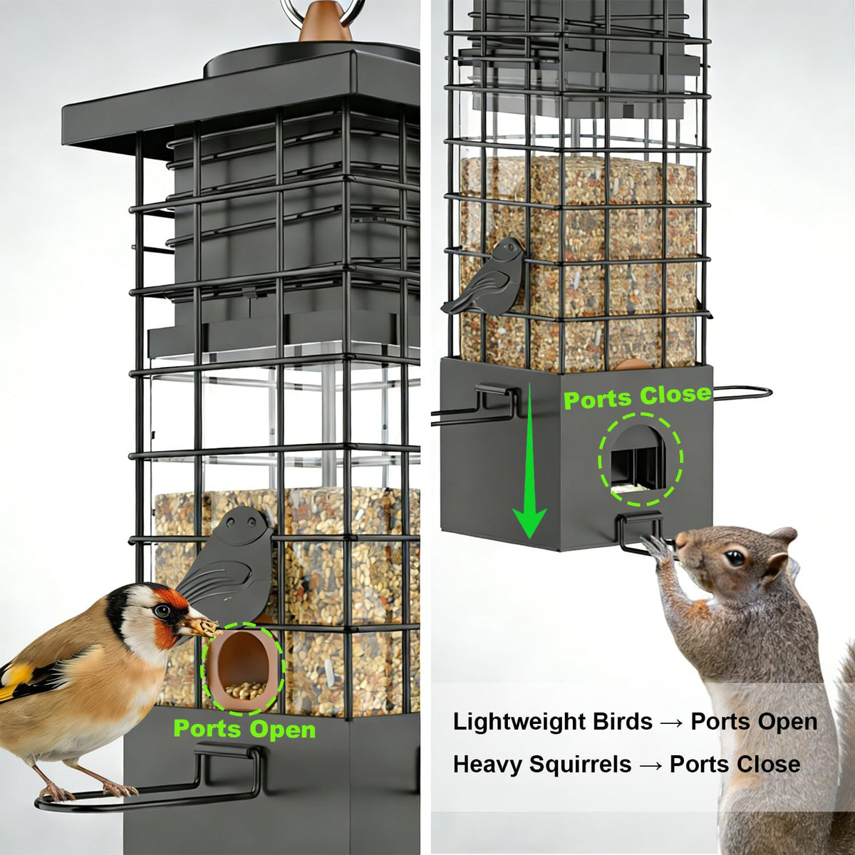 KRUOO feeder front close-up highlighting gap design prevents large birds.