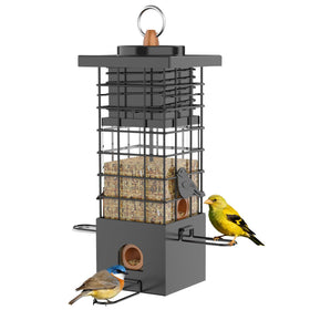 KRUOO heavy-duty bird feeder top view showing protected seed.