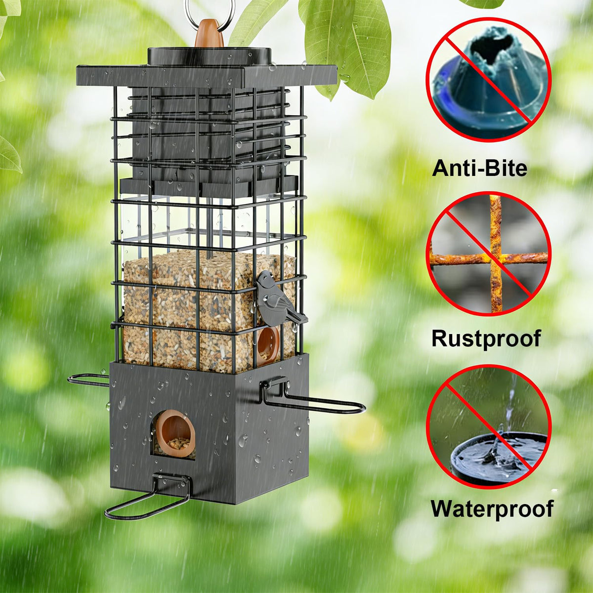 KRUOO 2.5lb seed storage capacity reduces refills for multiple birds.