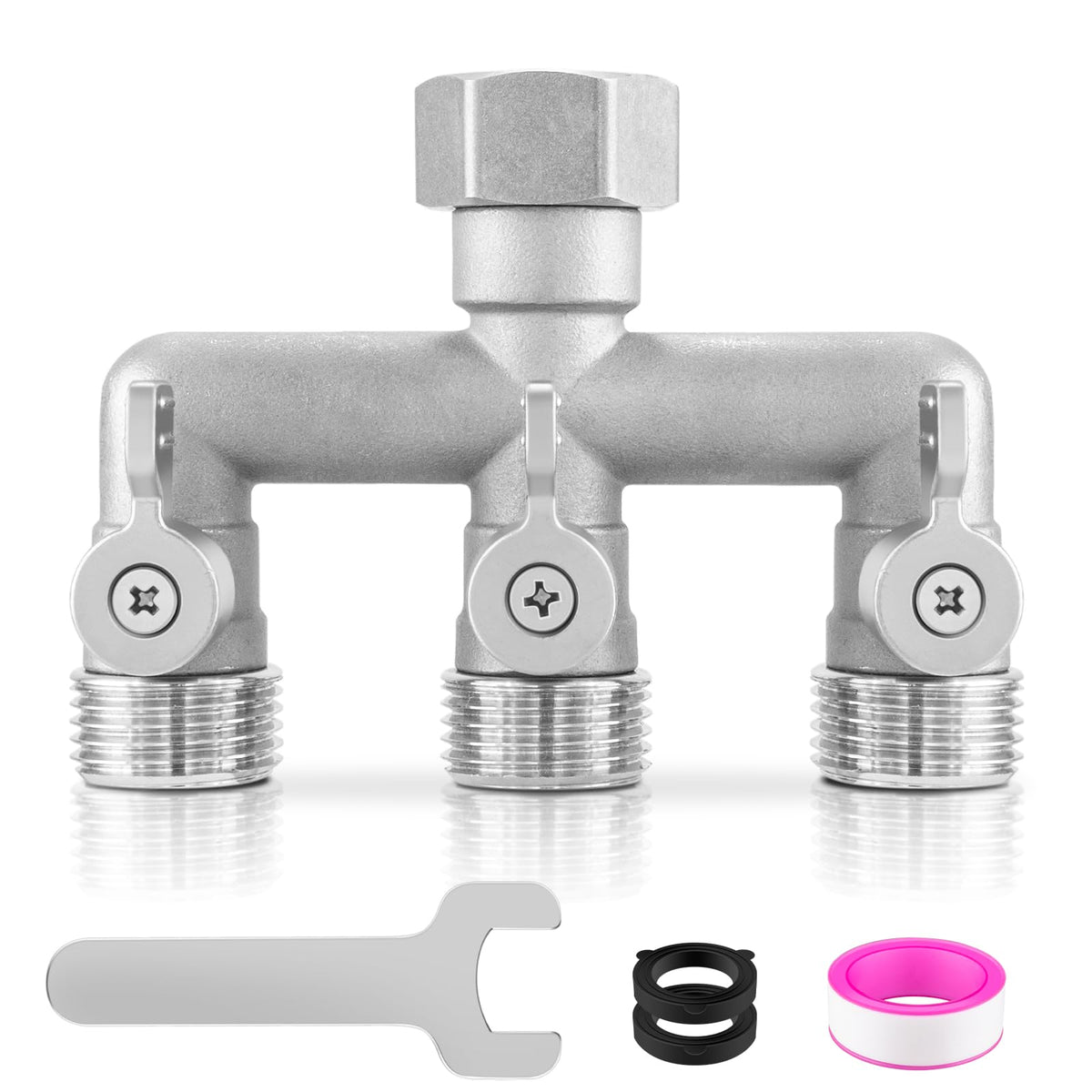 Kruuvax 304 stainless steel 3-way splitter shown for corrosion resistance.