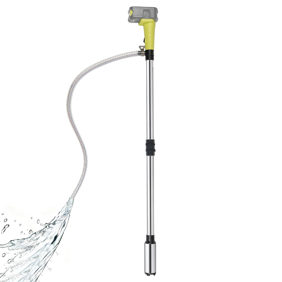 Krythonix cordless stick water pump with Ryobi 18V battery compatibility for quick water transfers.