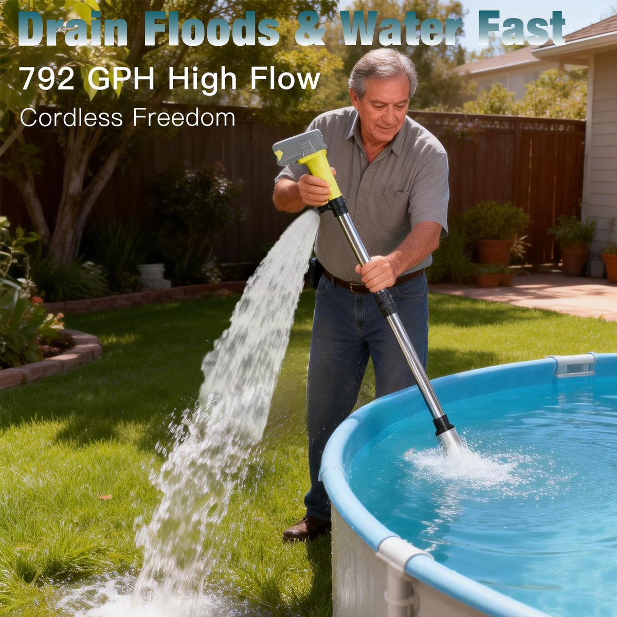 Krythonix pump works with Ryobi 18V battery for cordless operation in pools and ponds.