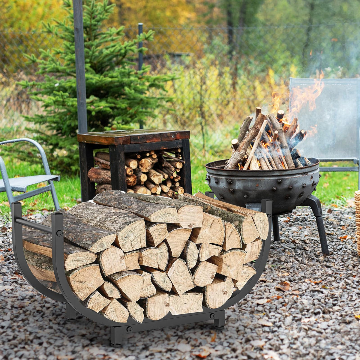 KRZKRZ firewood rack ergonomic arcs offer extra capacity.