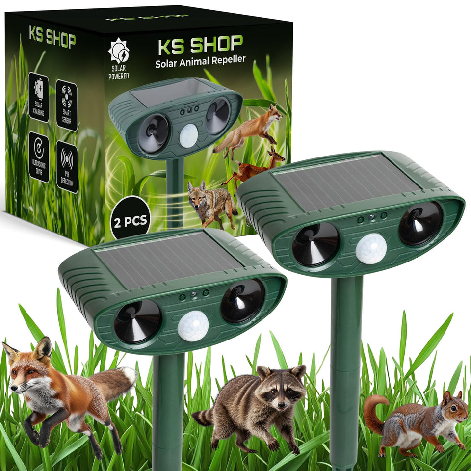 KS SHOP Upgraded Solar Ultrasonic Animal Repellent unit with solar panel deterring pests in yard