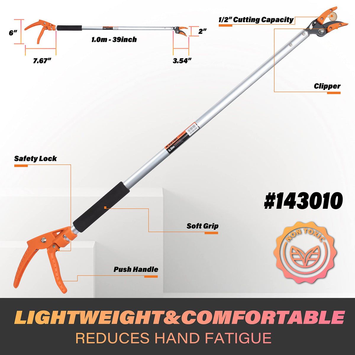 KSEIBI 143010 rotating arm pruner enables angled cuts in tight spots.