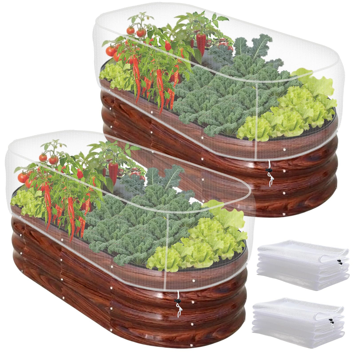KSFTWUSOL 2-pack garden netting covers raised beds to shield vegetables from pests.