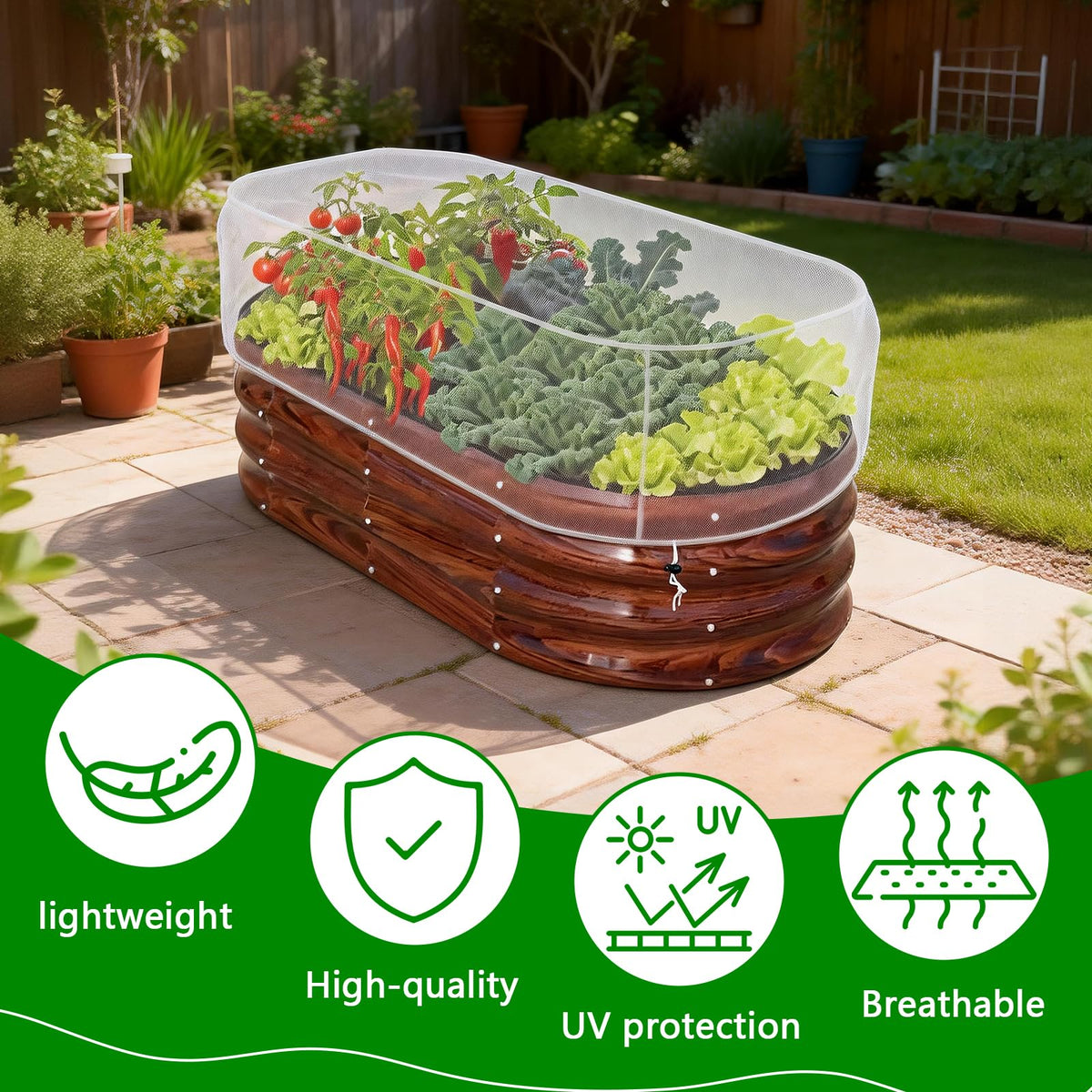 KSFTWUSOL drawstring netting securely fits over varied bed shapes.