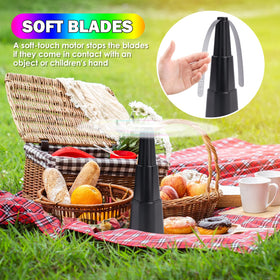 KTDRJN Fly Fans demonstrate 360-degree rotation for versatile airflow on a table.